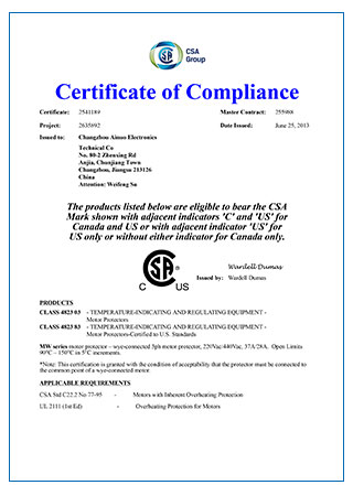 CSA证书--MW三相马达热保护器